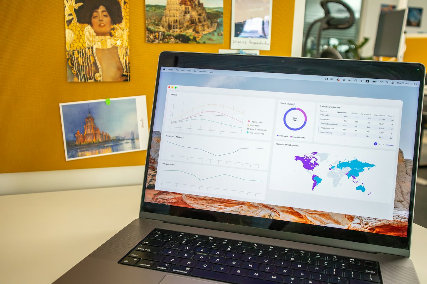 Laptop mit Datenanalyse-Dashboard auf einem Schreibtisch.